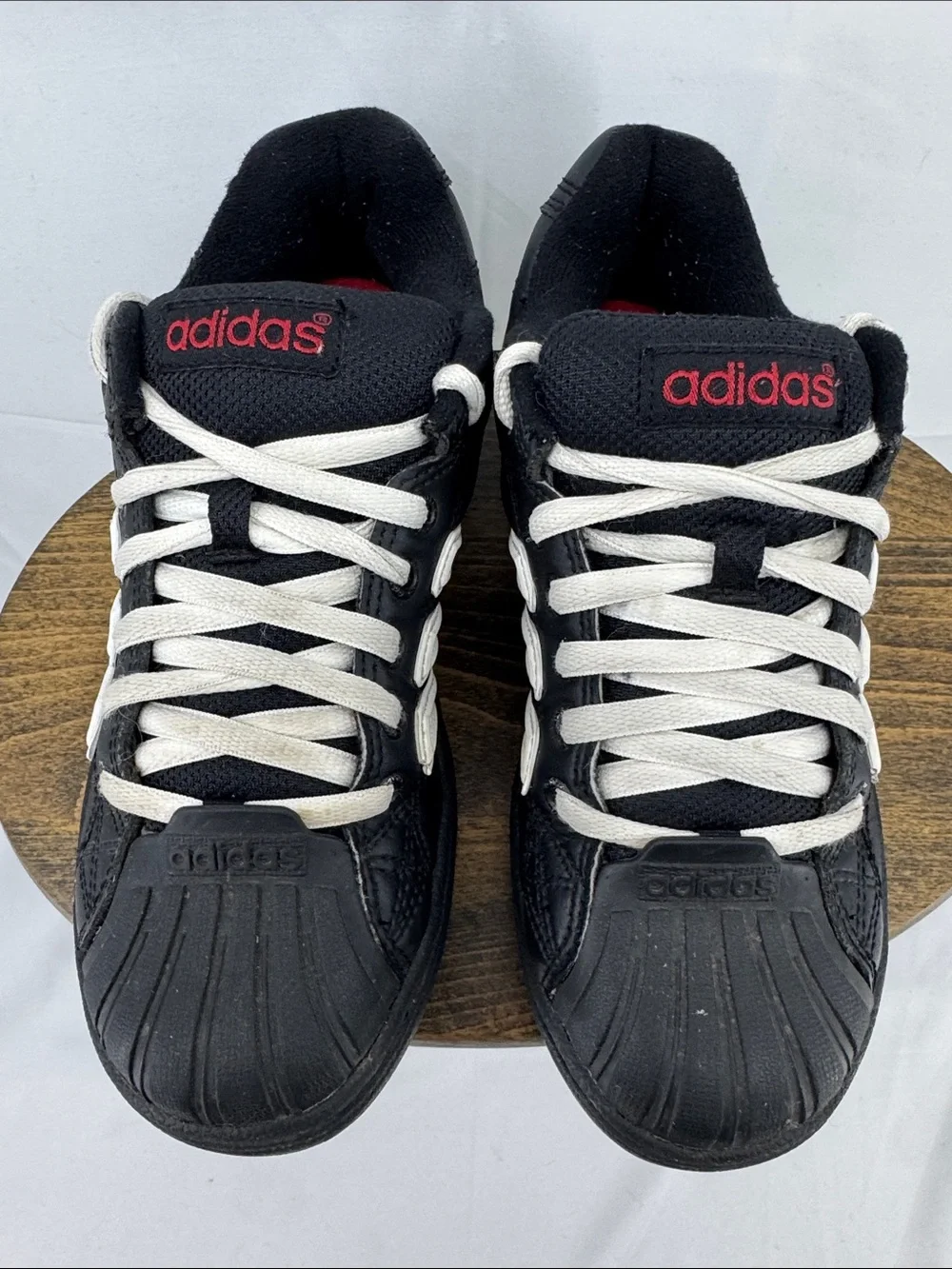 adidas Youth Boys Superstar II Skate Black Leather Sneakers w/ Red Branding, 4.5